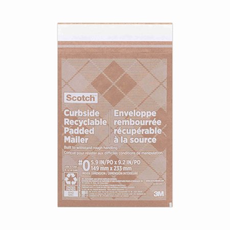 SCOTCH Curbside Recyclable Padded Mailer, #0, Self-Adhesive, Interior Dimensions: 5.9x9.2, Kraft, 100PK 7100258035